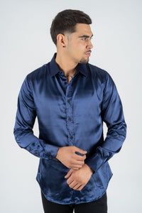 Men's Satin Navy Dress Shirt