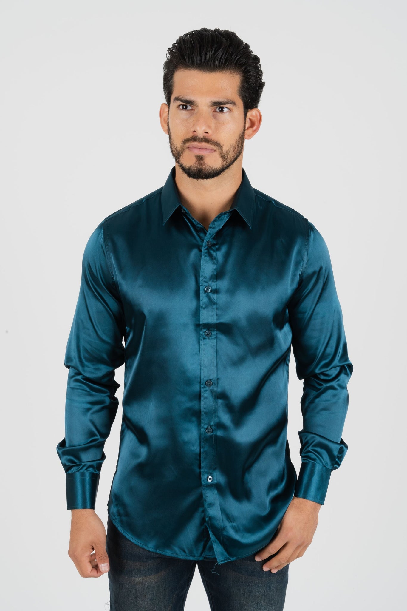 Men's Satin Teal Dress Shirt