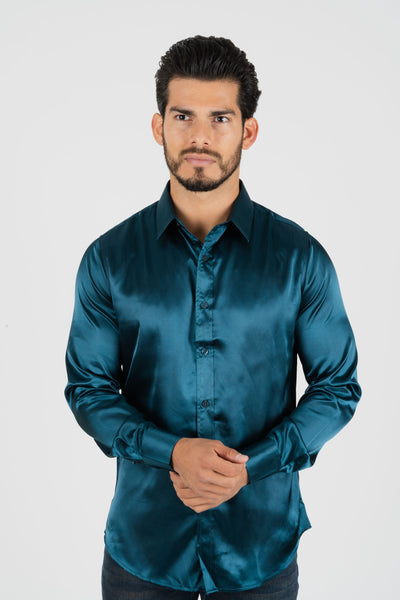 Men's Satin Teal Dress Shirt