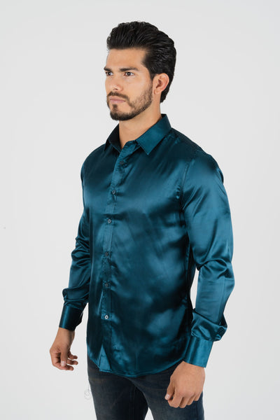 Men's Satin Teal Dress Shirt