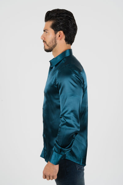 Men's Satin Teal Dress Shirt