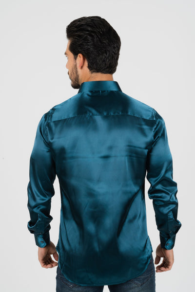 Men's Satin Teal Dress Shirt