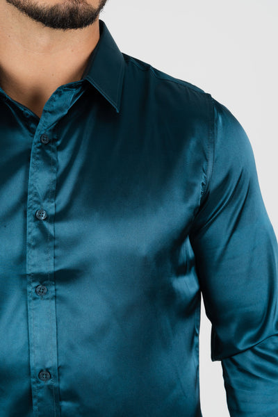 Men's Satin Teal Dress Shirt