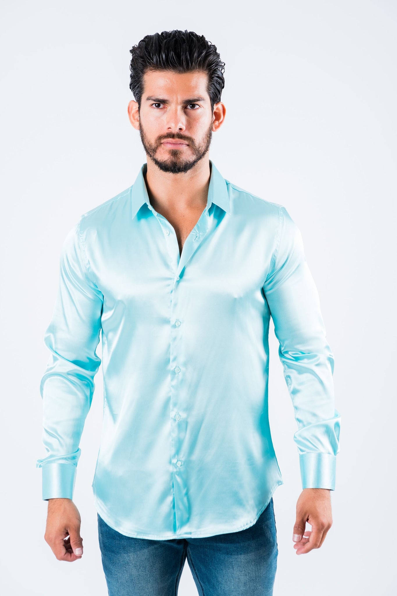 Men's Satin Aqua Dress Shirt