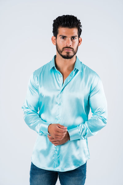 Men's Satin Aqua Dress Shirt