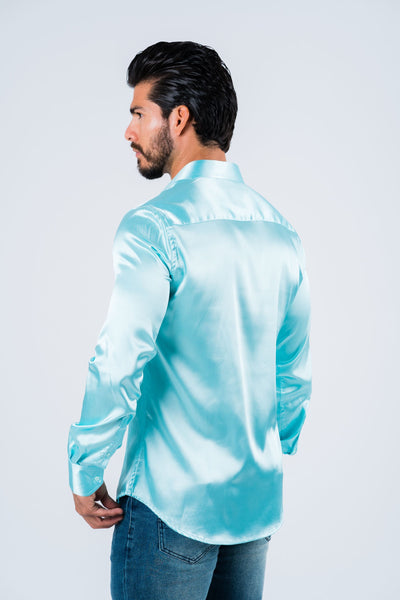 Men's Satin Aqua Dress Shirt