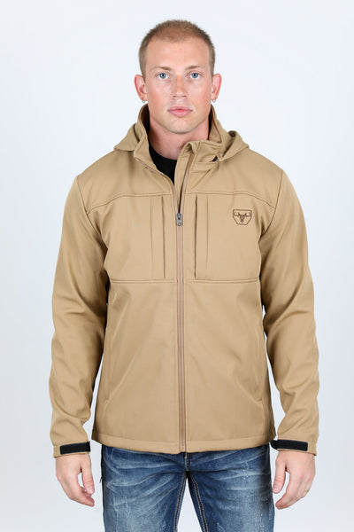 Mens Hooded Softshell Water-Resistant Jacket - Khaki