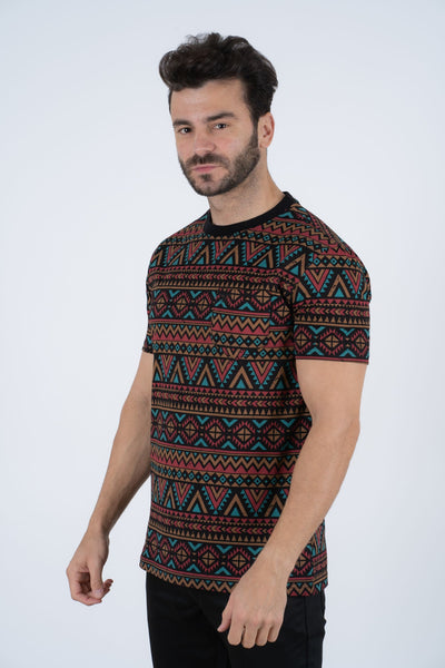 Men's Cotton Black Aztec Print T-shirt