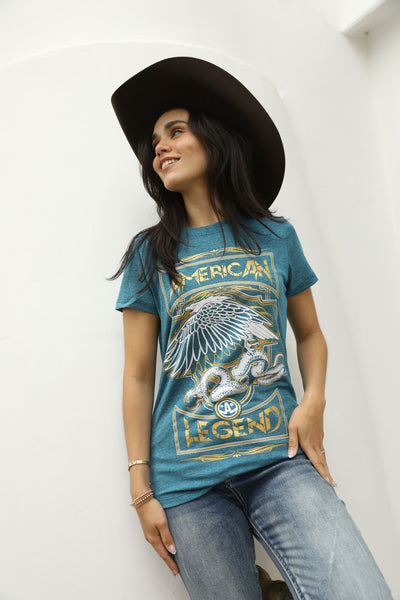 Women's Cotton American Legend Graphic Print Blue T-shirt