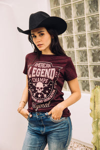 Women's Cotton American Legend Graphic Print Wine T-shirt