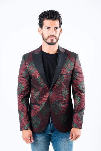 Men's Double Button Burgundy Woven Printed Blazer