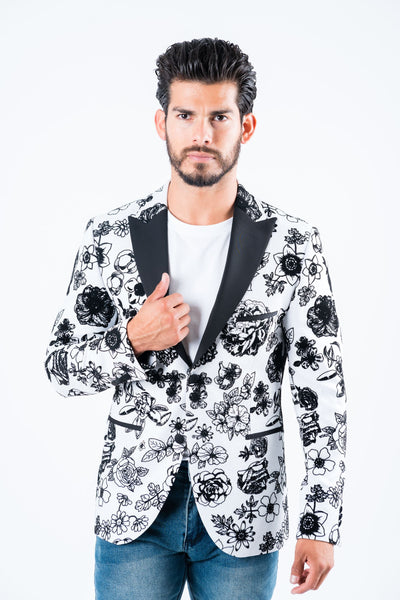 Men's Double Button White Woven Printed Blazer