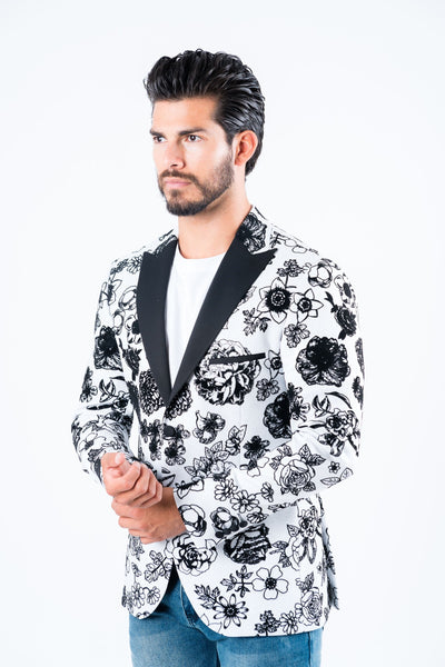 Men's Double Button White Woven Printed Blazer