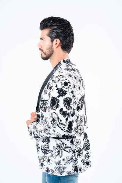 Men's Double Button White Woven Printed Blazer