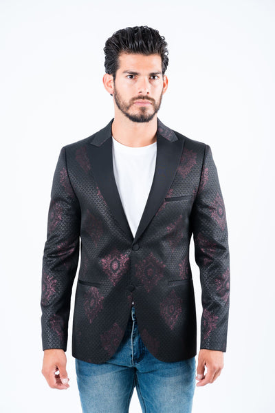 Men's Double Button Black Woven Printed Blazer