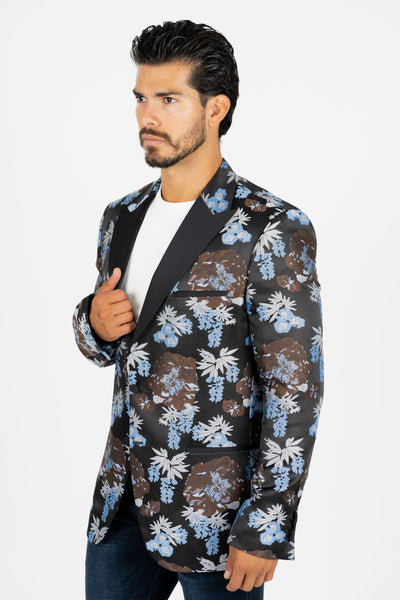 Men's Double Button Black Woven Printed Blazer