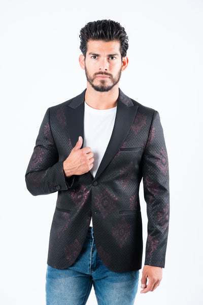 Men's Double Button Black Woven Printed Blazer