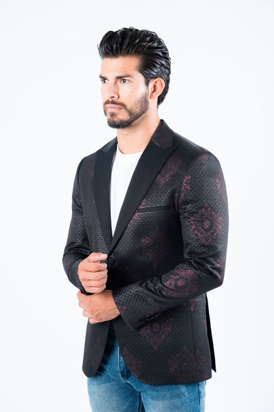 Men's Double Button Black Woven Printed Blazer