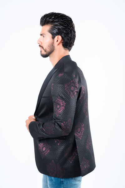 Men's Double Button Black Woven Printed Blazer