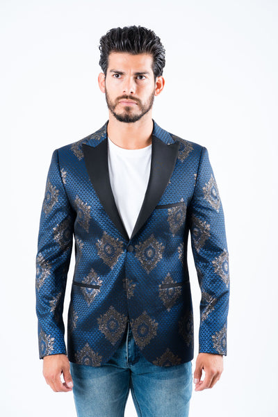 Men's Double Button Navy Woven Printed Blazer