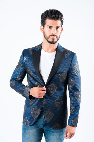 Men's Double Button Navy Woven Printed Blazer