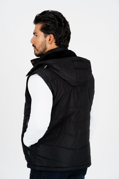 Men's Black Padded Hooded Vest w/ Faux Fur Lining