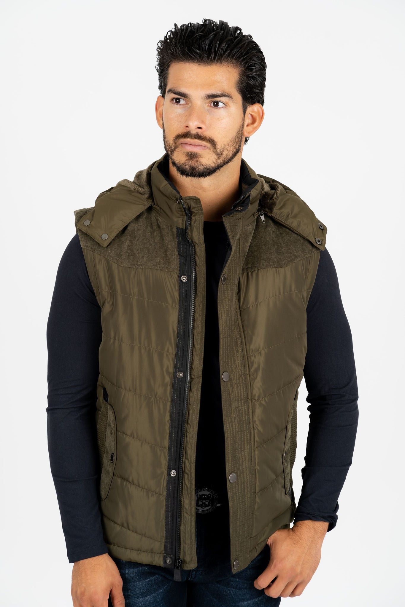 Men's Olive Padded Hooded Vest w/ Faux Fur Lining