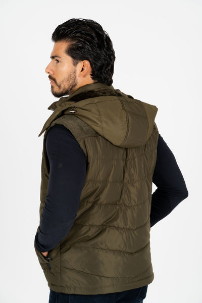 Men's Olive Padded Hooded Vest w/ Faux Fur Lining