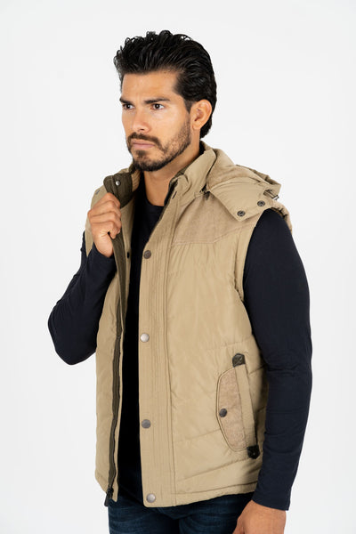 Men's Khaki Padded Hooded Vest w/ Faux Fur Lining