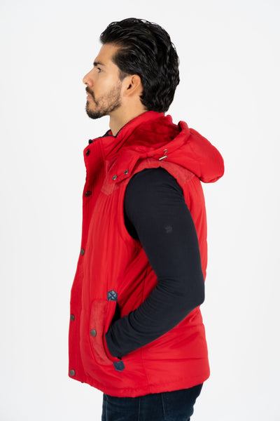 Men's Red Padded Hooded Vest w/ Faux Fur Lining