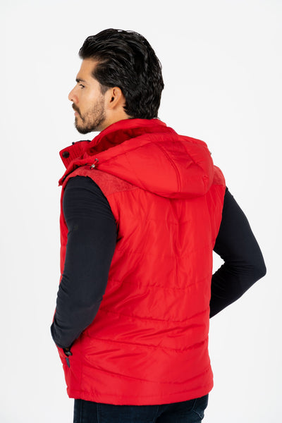 Men's Red Padded Hooded Vest w/ Faux Fur Lining