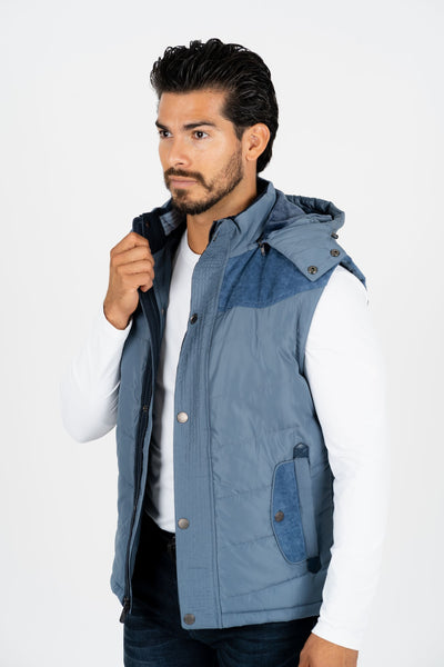 Men's Blue Padded Hooded Vest w/ Faux Fur Lining