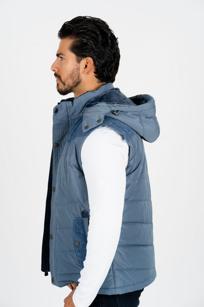 Men's Blue Padded Hooded Vest w/ Faux Fur Lining