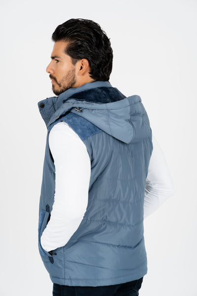 Men's Blue Padded Hooded Vest w/ Faux Fur Lining