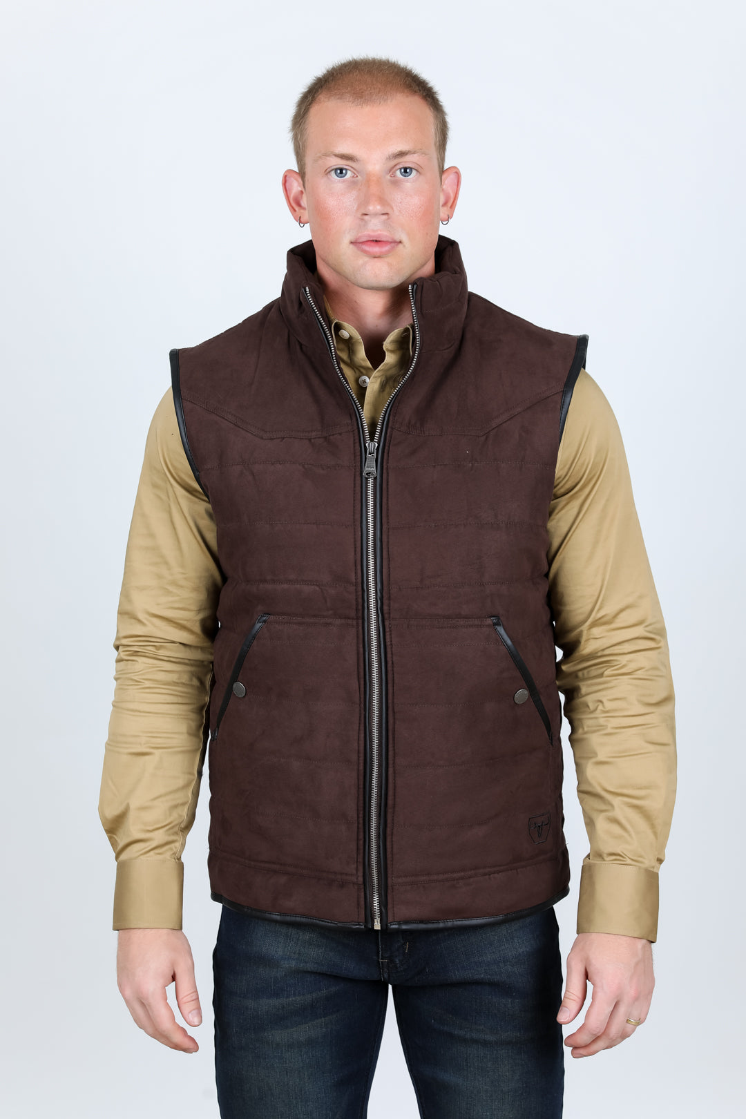 Men's Fur Lined Quilted Faux Suede Vest - Dark Brown