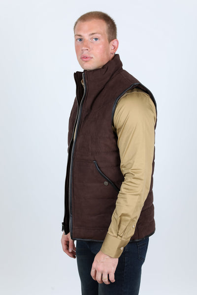 Men's Fur Lined Quilted Faux Suede Vest - Dark Brown