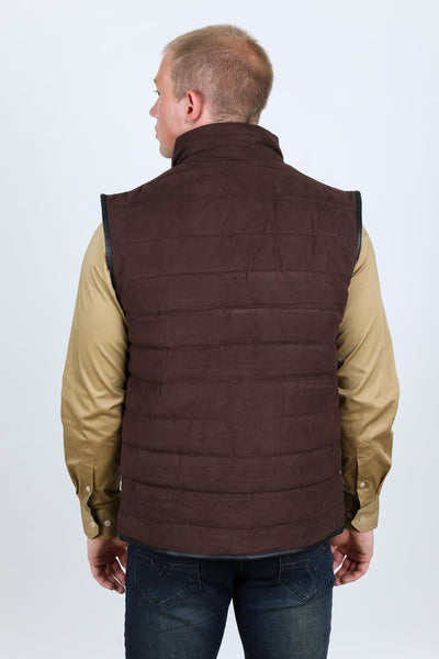 Men's Fur Lined Quilted Faux Suede Vest - Dark Brown