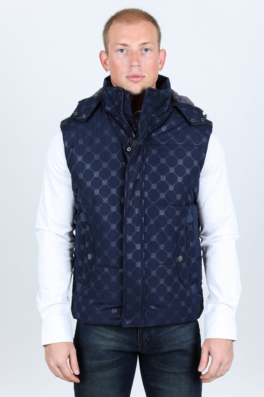 Men's Fur Lined Quilted Monogram Vest - Navy