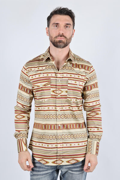 Mens Cotton Modern Fit Stretch Aztec Print Long Sleeve Western Shirt