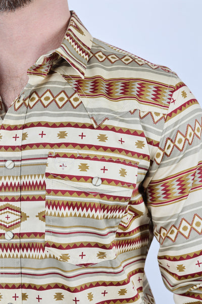 Mens Cotton Modern Fit Stretch Aztec Print Long Sleeve Western Shirt