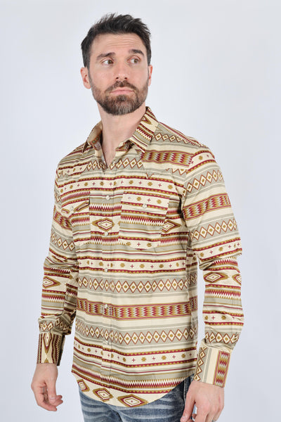 Mens Cotton Modern Fit Stretch Aztec Print Long Sleeve Western Shirt