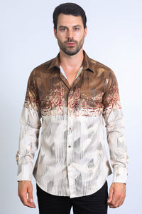 Mens Modern Fit Panoramic Foil Print Shirt - Beige