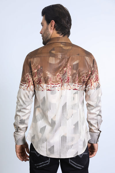 Mens Modern Fit Panoramic Foil Print Shirt - Beige