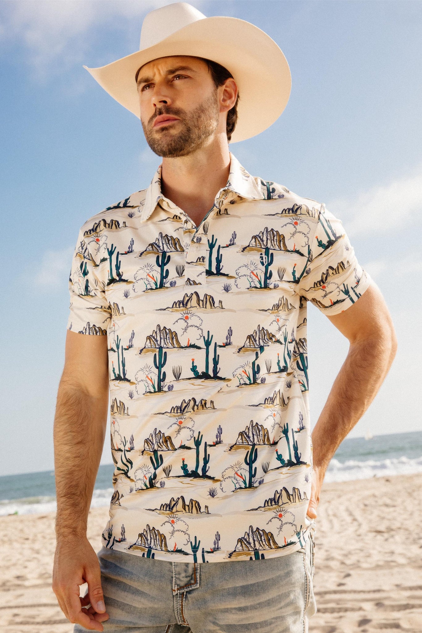 Mens Performance Fabric Modern Fit Stretch Cactus Print Polo