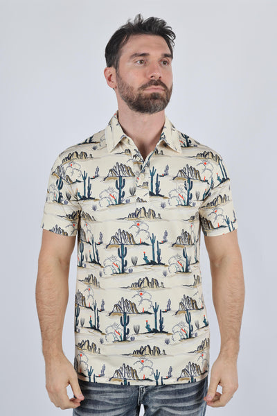 Mens Performance Fabric Modern Fit Stretch Cactus Print Polo