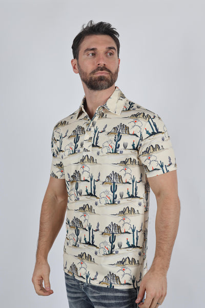 Mens Performance Fabric Modern Fit Stretch Cactus Print Polo