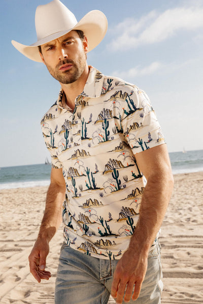 Mens Performance Fabric Modern Fit Stretch Cactus Print Polo