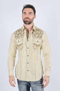 Mens Vintage Washed 2-tone Embroidery Modern Fit Stretch Shirt