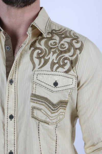 Mens Vintage Washed 2-tone Embroidery Modern Fit Stretch Shirt