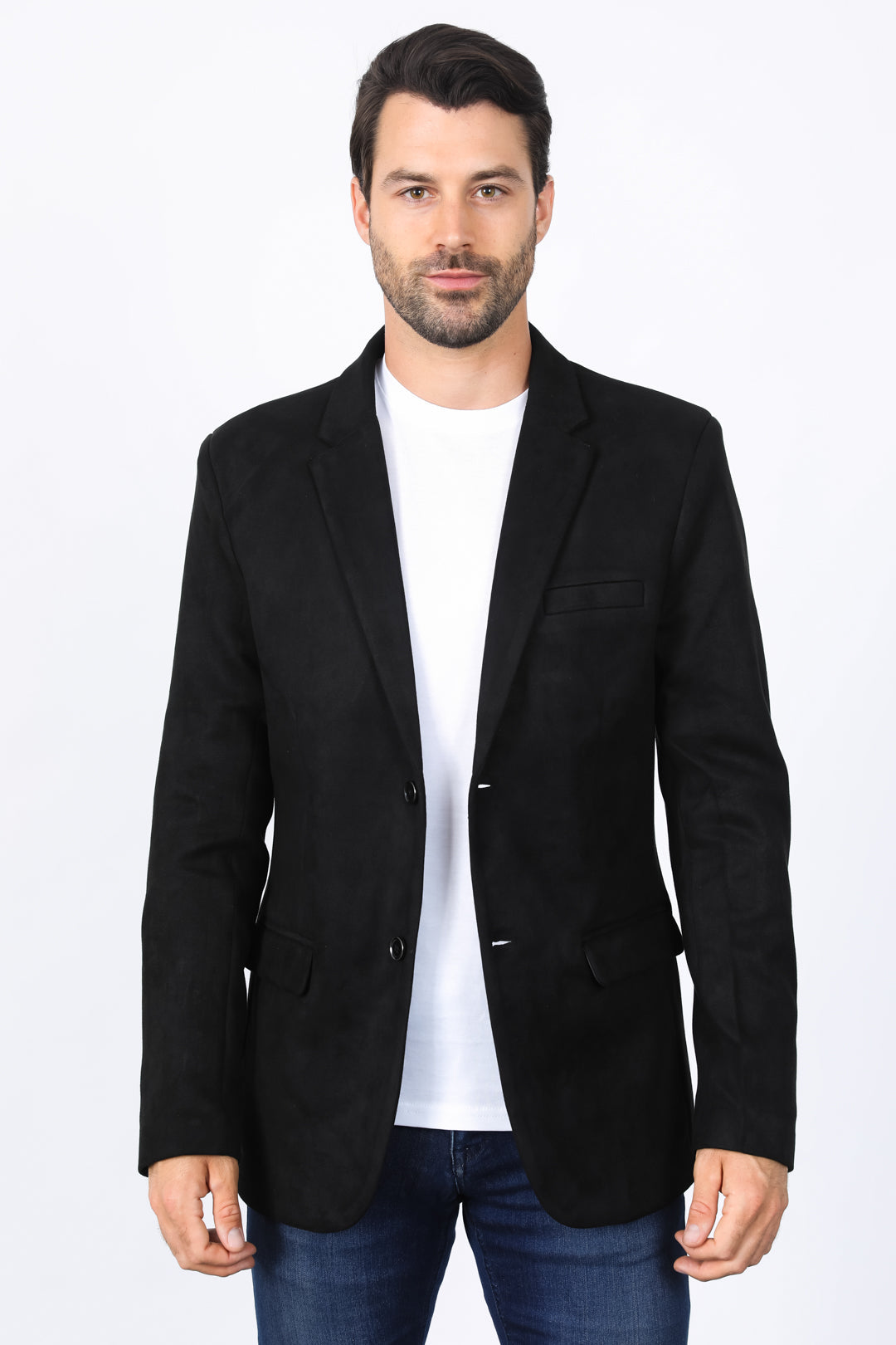 Men's Double Button Black Faux-Suede Blazer